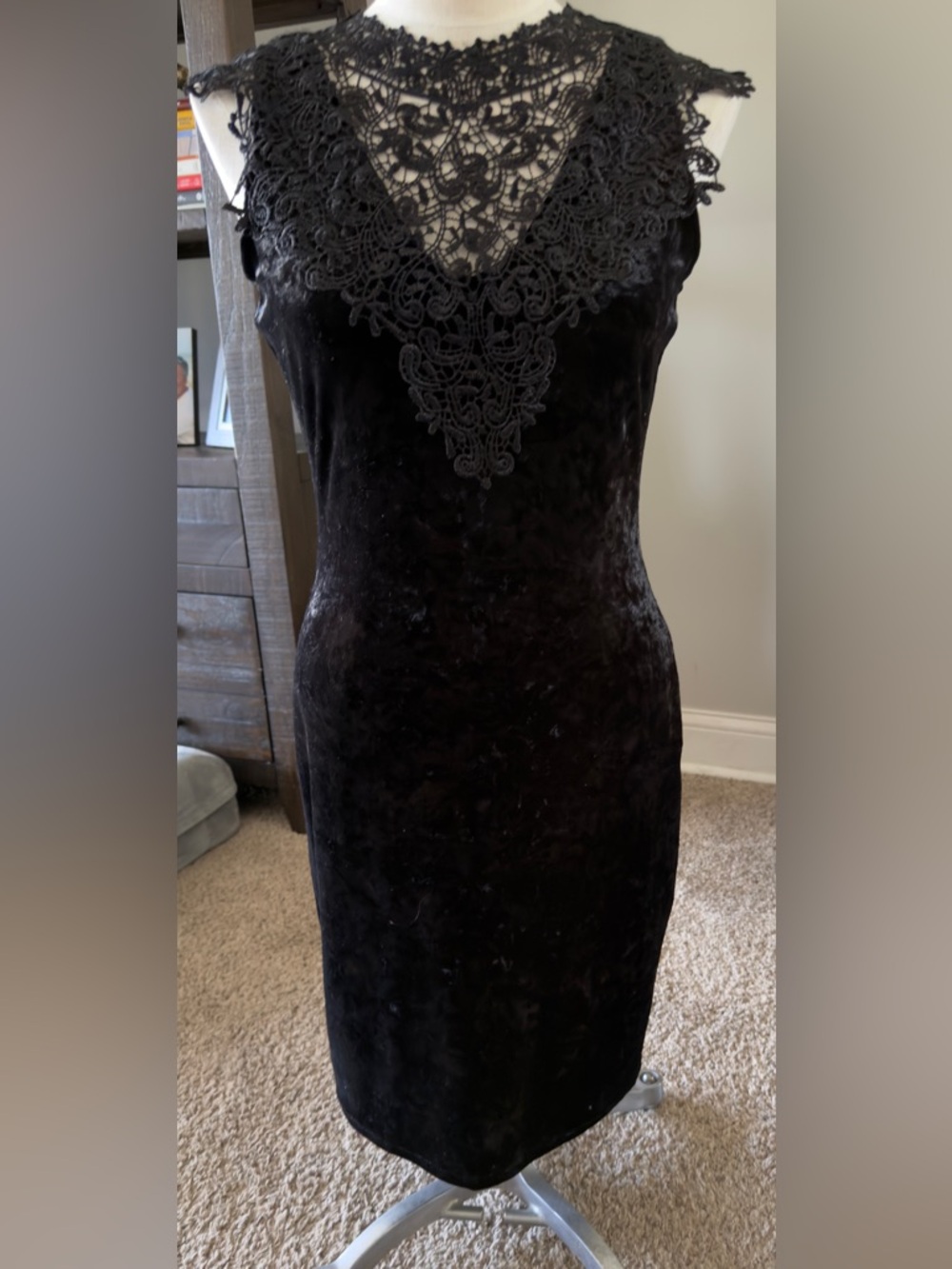 Almost Famous Black Velvet Midi Dress with Lace Yoke